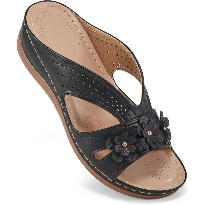 Rosette Soft-Step Wedge Sandals